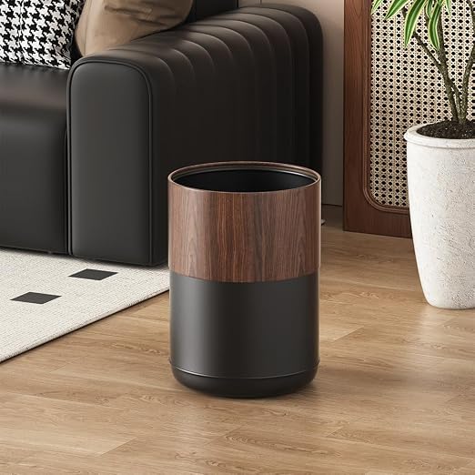 3.1GAL Modern Metal Waste Bin with Realistic Wood Texture,Built-in Bag Holder,Open-Top Trash Bin for Bathroom,Home,Office,Living Room (3.1gal Round)