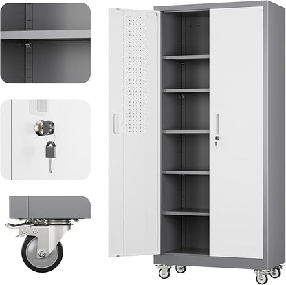 Metal Garage Storage Cabinet with Wheels, 71" H×32" W×16" D Metal Storage Cabinet with 5 Adjustable Shelves,Pegboard and Lockable Doors for Garage Home Office Utility Room,Required Assembly