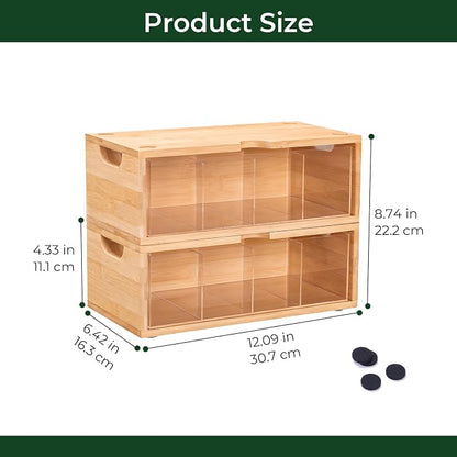 Stackable Bamboo Tea Box Organizer (Set of 2) - Large Capacity Tea Bag Storage Holder for Pantry & Cabinet - Multipurpose Tea Chest - Sustainable Kitchen Drawer & Office Breakroom Decor