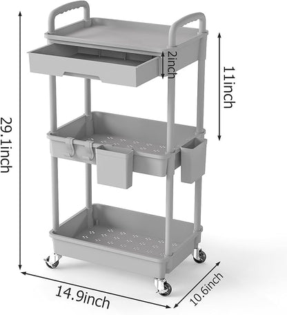 LLMRR 3 Tier Rolling Utility Cart with Drawer, Plastic Storage Organizer Rolling Carts with Wheels Handles Hanging Cups Hooks for Office, Bathroom, Kitchen,Craft Art Room (Grey)