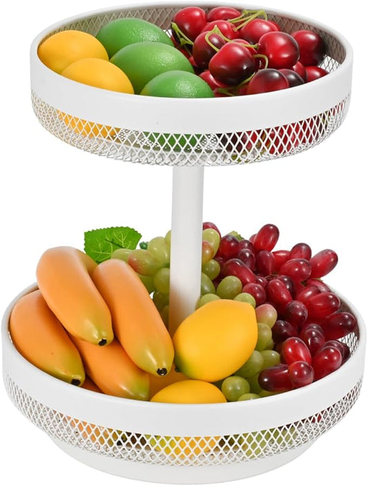 IBERG 2 Tier Fruit Basket - Detachable Mesh Fruit Bowl for Kitchen Countertop - Metal Basket Stand for Fruits,Vegetables, Bread & Snacks (White)