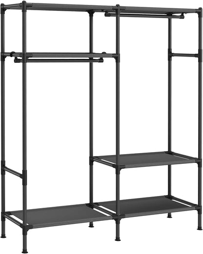 SONGMICS Heavy Duty Clothes Rack, 65 Inch Freestanding Portable Wardrobe with Hanging Rails and Shelves, Total Load 242 lb, Easy Assembly, for Cloakroom, Bedroom, Black URDR201B02
