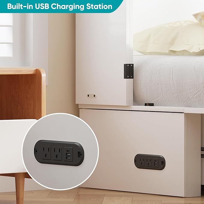 BALUS Murphy Bed Queen with USB Charging Station, Murphy Cabinet with Tri-Folding Foam Mattress and 2 Storage Drawers, Hideaway Foldable Wall Cabinet Bed Chest for Living Room Bedroom Office, White