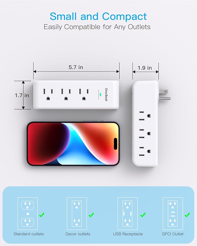 2 Pack Surge Protector Outlet Extender with Rotating Plug, 9 AC Multi Plug Wall Outlet Expander, 1800J Wall Charger, 3-Sided Power Strip Electrical Plug Adapter Outlet Splitter for Home Office Dorm