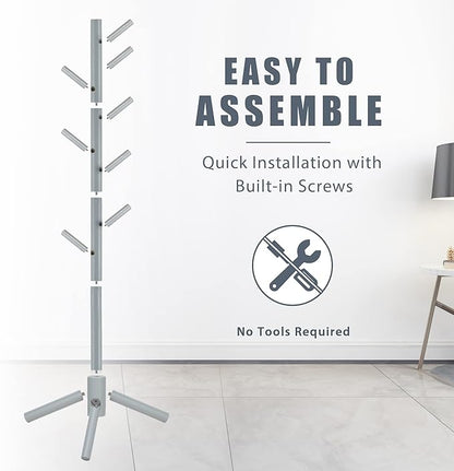 Haddockway Wooden Coat Rack Stand with 8 Hooks New Zealand Pine 3 Adjustable Coat Standing Tree Easy Assembly for Coats, Hats, Scarves and Handbags for Entryway, Hallway, Bedroom, Office