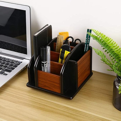 Siveit Wooden Desk Organizer, Desktop Office Supplies Storage Remote Control Caddy Holder (6-Compartment)
