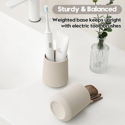 YAUKPH Beige Striped Toothbrush Holder for Electric Toothbrushes Bathroom Organizer Cup for Toothpaste Kids & Adults