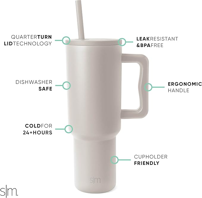 Simple Modern 40 oz Trek Tumbler with Handle and Straw Lid | Cup Holder Friendly Insulated Stainless Steel Travel Mug | Almond Birch