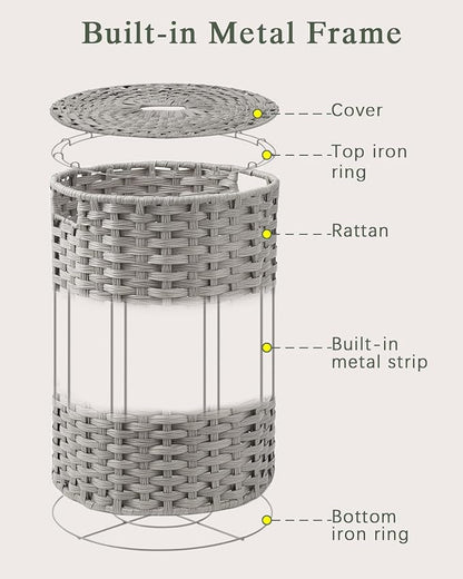 SETVSON Laundry Basket with Lid Round Rattan Laundry Hamper with Lid and Handles 29.1 Gal (110 L) Handwoven Woven Basket with Removable Bags and 2 Mesh Bags for Bathroom Living Room Gray