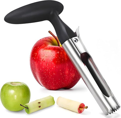 Stainless Steel Apple Corer, Instant Core Remover with Ergonomic Comfort-Grip Handle, Sharp Serrated Blade for Apples Pears Bell Peppers Jalapeños, Dishwasher Safe Kitchen Tool (Black)