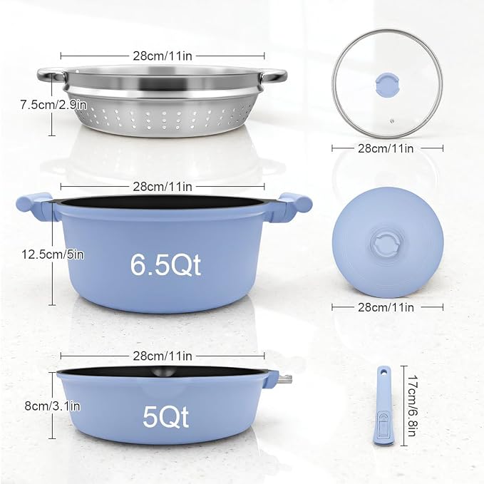 Pots and Pans Set Non Stick, Nonstick Cookware Set, Steamer Pot and Pan for Cooking, Kitchen Cookware Sets Non Toxic, Induction Compatible, Detachable Handle, Oven Safe, PFOS & PFOA Free,Blue
