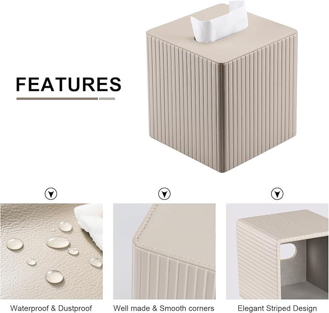 KINGFOM Tissue Box Cover, PU Leather Square Tissue Box Holder for Kleenexs with Magnetic Bottom Cover for Facial Tissues/Napkins, Office & Living Room Decor Box (Beige Strips)