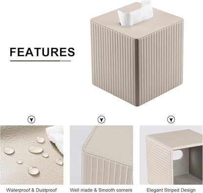 KINGFOM Tissue Box Cover, PU Leather Square Tissue Box Holder for Kleenexs with Magnetic Bottom Cover for Facial Tissues/Napkins, Office & Living Room Decor Box (Beige Strips)