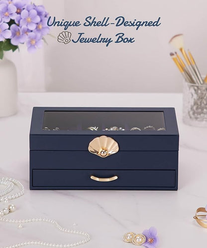 Jewelry Box with 1 Drawers: Display Organizer for Earrings Necklaces - Gifts for Girls Women (Dark Blue)