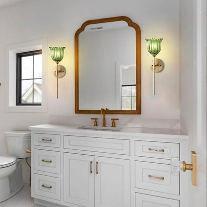 Gold Wall Sconce Set of 2 with Green Glass Shades Modern Mid Century Bathroom Vanity Wall Light Fixtures Industrial Brushed Brass Wall Lamp for Bedroom Mirror Living Room Restaurant