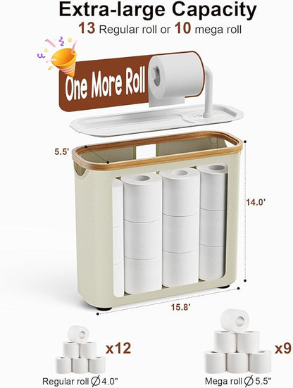 Toilet Paper Storage Basket Holder Holds 9-12 +1 Rolls Elegant Multi-Functional Bathroom Toilet Paper Holder Stand Storage Organizer Waterproof with Tray Hold Phone Wet Wipes Beige
