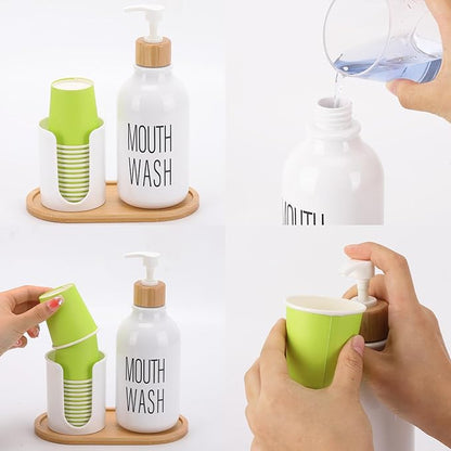 Mouthwash Dispenser with Cup Holder, Plastic White Mouth Wash Pump Bottle with Tray for Bathroom Organizers, 17oz Refillable Clear Mouthwash Container