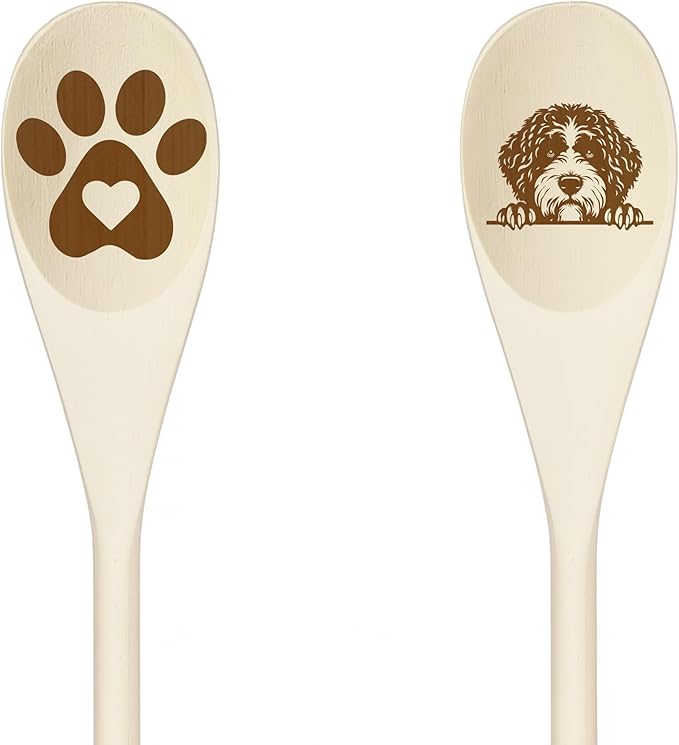 PORTUGUESE WATERDOG Wooden Spoons for Cooking, Serving or Decorative Kitchen Utensils Set Dog Lover Dog Mom/Dad Gift with Peeking Dog Designs, Paw Print and Dog Head, Kitchen Utensils Set of 2