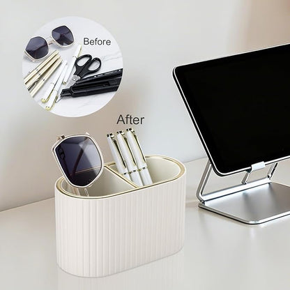 KINGFOM PU Leather Desk Organizer Pen Holder – Dual-Compartment Stylish Pencil Cup Remote Control Holder Desktop Supplies and Accessories Organizer Caddy for Office Home School (Light Beige)