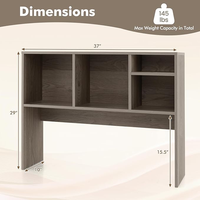 Desk Hutch, Desktop Shelf with 4 Shelves, Desk Bookshelf w/Anti-Toppling Devices, Wood Table Top Bookshelf Organizer, Small Desk Shelf for Study, Office, Dorm (Grey, 4 Shelves)