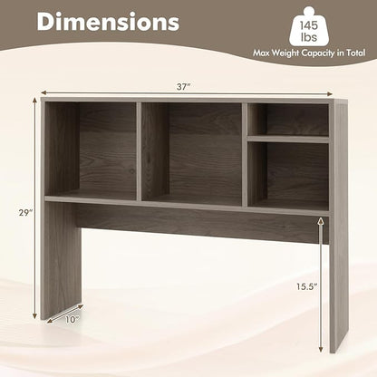 Desk Hutch, Desktop Shelf with 4 Shelves, Desk Bookshelf w/Anti-Toppling Devices, Wood Table Top Bookshelf Organizer, Small Desk Shelf for Study, Office, Dorm (Grey, 4 Shelves)
