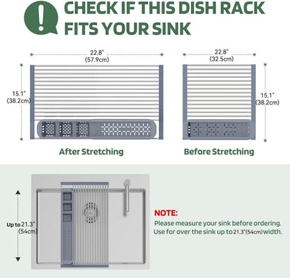 BBXTYLY Expandable Roll Up Dish Drying Rack,Over The Sink Drying Rack Sink Kitchen Accessories Rolling up Stainless Steel Drainer, Foldable with Removable Utensil Holder(Gray)