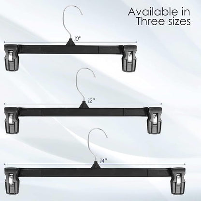 10 Inch 30 Pack Youth Pants Hangers Slim Plastic Clothes Hangers with Clips for Skirts, Shorts & Trousers Non Slip Grip, Heavy Duty Space Saver with Swivel Hook Black Organizer