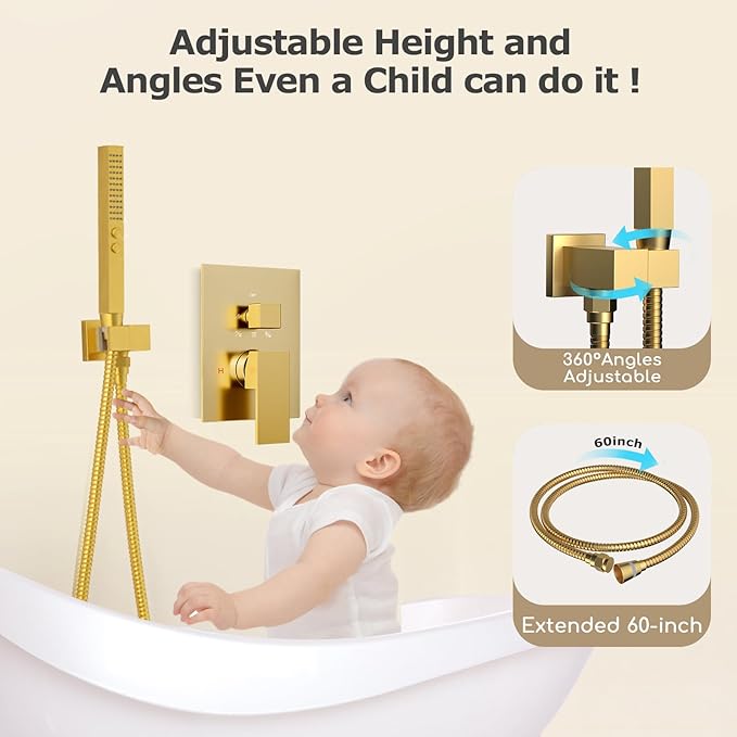 Shower System Brushed Gold Shower Faucet Set,Five Functions Knob Diverter Rainfall Shower Faucet with 2 in 1 Handheld,10'' Ceiling Mount and 6'' Wall Mount Rainfall Shower System