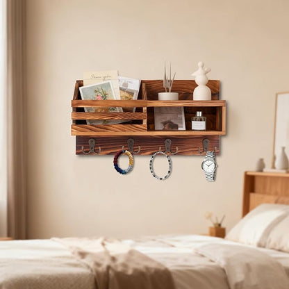 Key and Mail Holder for Wall, Mail Organizer Wall Mount with Shelf, Farmhouse Entryway Organizer for Keys, Wallet, Dog Leash, Sunglass (Brown)