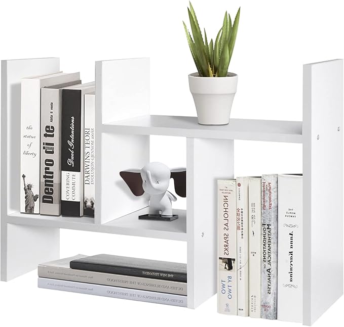 TY ARTS & CULTURE - Expandable Wood Desktop Storage Organizer Multipurpose Desk Bookshelf Display Shelf Rack Counter Top Bookcase for Office Home | White