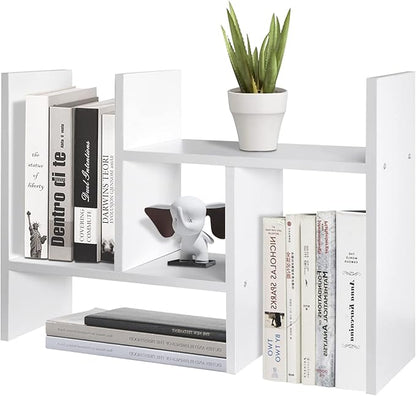 TY ARTS & CULTURE - Expandable Wood Desktop Storage Organizer Multipurpose Desk Bookshelf Display Shelf Rack Counter Top Bookcase for Office Home | White