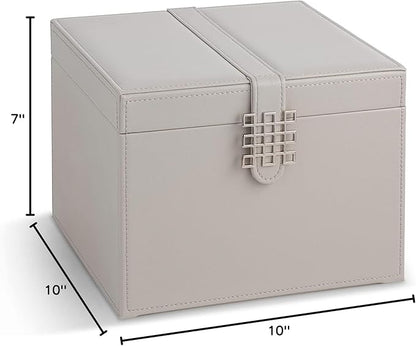Glenor Co Earring Organizer Holder - 75 Small & 4 Large Slots Classic Jewelry Box with Drawer & Modern Closure, Mirror, 4 Trays Earrings, Ring or Chain Storage - PU Leather Case - Grey