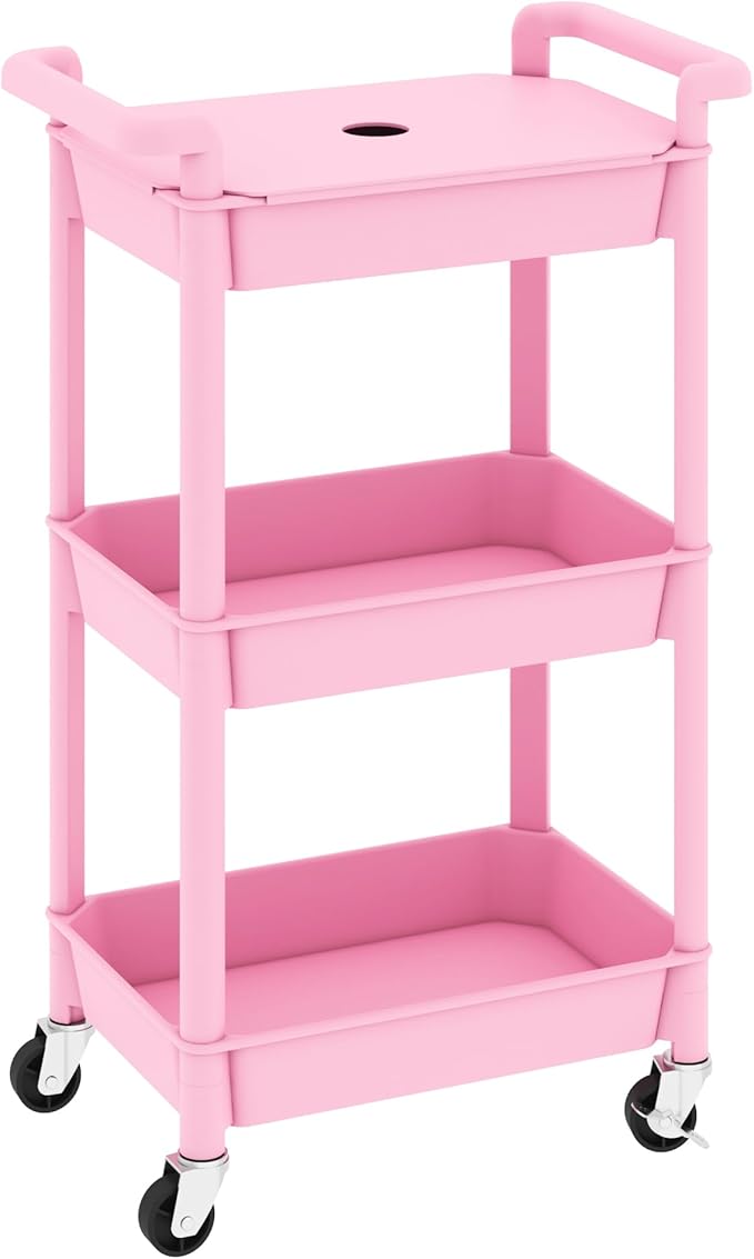 MIOCASA Utility Rolling Cart with Cover Top Board, 3-Tier Kitchen Storage Organization, Art Cart with Wheels for Office, Classroom, Livingroom, Kitchen, Bathroom (Pink, 3-Tier-Plastic)