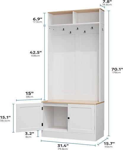 Entryway Hall Tree with Bench and Storage, 5-in-1 Farmhouse Coat Rack with 7 Hooks, Bench with Coat Rack with Storage Shelves for Hallway, Hallway, White