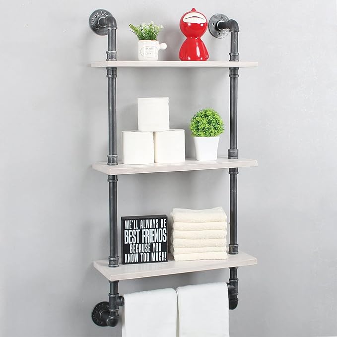 Industrial Pipe Shelf Bathroom Shelves Wall Mounted,19.6in Rustic Wood Shelf with Towel Bar,3 Tier Farmhouse Towel Rack Over Toilet,Pipe Shelving Floating Shelves Towel Holder,Retro White