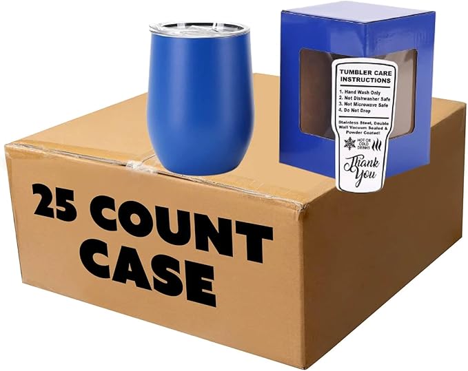 makerflo 12 oz Blue Powder Coated Wine Tumbler with Leak-Proof Clear Lid - Pack of 25, Ideal for Craft and Personalization (Laser Engraving, UV DTF, Epoxy, and Vinyl)