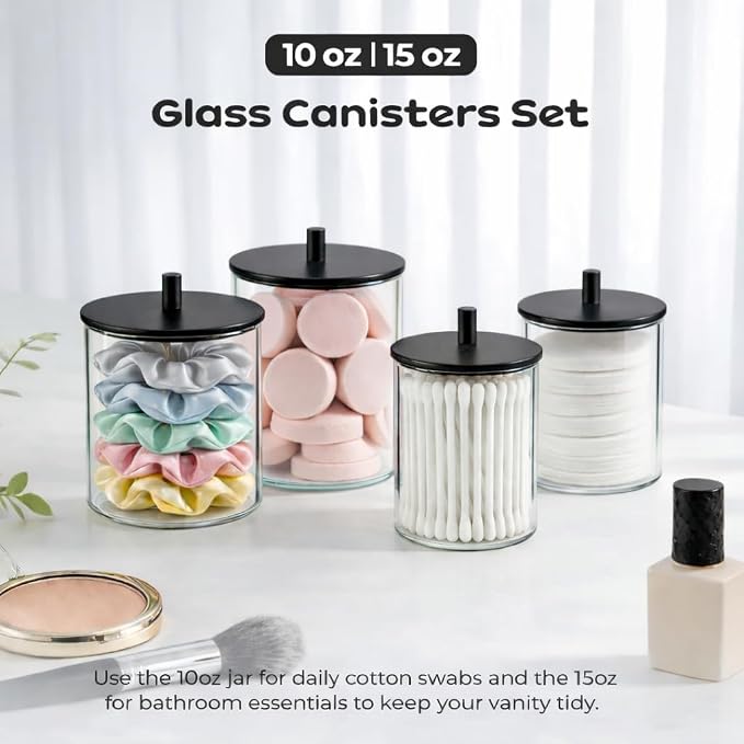 Glass Qtip Holder Dispenser Set - 15oz & 10oz Cotton Swab Holder with Black Wooden Lids, Bathroom Canisters Apothecary Jar Vanity Storage Organizer for Cotton Balls, Floss Picks (6 Pack)