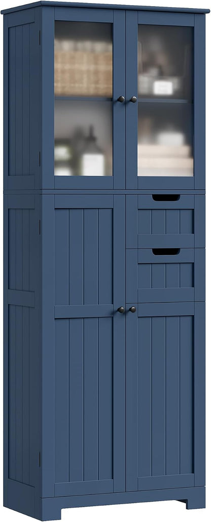 BOTLOG 67'' Tall Bathroom Storage Cabinet, Linen Cabinet with Glass Doors and Adjustable Shelves, Kitchen Pantry with 2 Drawers for Bathroom, Living Room, Dining Room, Blue