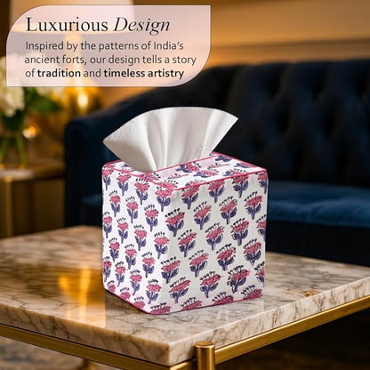 CPC Pink Sapphire Hand Block Printed Cotton Tissue Box Cover 5" x 5" x 5.5" Square Soft Reusable Boho Napkin Holder for Home Kitchen Dining Bathroom Office Cafe Spa Summer Thanksgiving