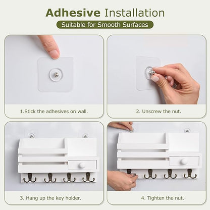 Key Holder Wall Mount, Wooden Adhesive Mail and Key Organizer with Drawer, Small Shelf, 8 Hooks, 2 Installation Methods, White