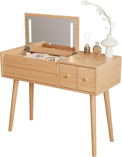 Solid Wood Vanity Desk With Flip Top Mirror And Lights, Mild Century Dressing Table Wooden 4 Drawers Storage, 40 Inch Large Make Up Vanity With 3 Lighting Modes Original, Wood Color (With Adapter)