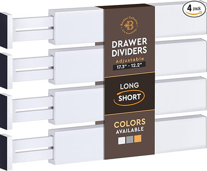 4-Pack Bamboo Drawer Dividers - 12.2 to 17.3 Inches Deep, 2.6 Inches High, Adjustable Expandable Drawer Organizer Dresser Separator for Clothes, Utensils, Kitchen, Bathroom, Office Storage, White