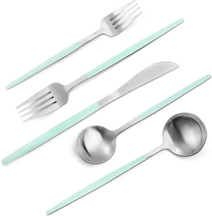 VANVRO Matte Green Silver Silverware Set, 20-Piece Stainless Steel Flatware Set, Satin Finish tableware Cutlery Set, Service for 4, Home and Restaurant, Dishwasher Safe