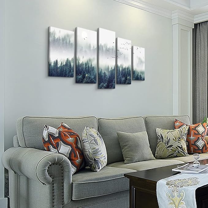 Canvas Wall Art For Living Room Wall Decorations For Bedroom Modern Office Wall Decor Foggy Forest Trees Landscape Painting Stretched And Framed Ready To Pictures Home Decor 5 Piece Set W40” x H20”