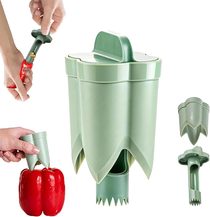Pepper Corer,Chili Seed Remover Tool,Durable ABS Kitchen Gadget for Bell & Chili Peppers, 2-in-1 Design, Easy Twist Use, Ideal for Home Cooking, Camping(Green)