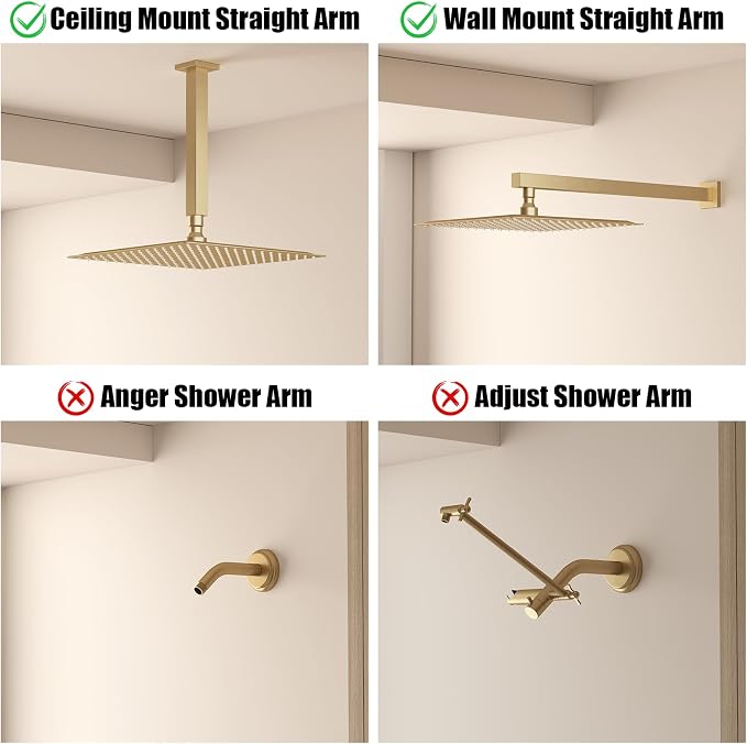 BESy 12 Inch Rain Shower Head, 12" Square Rainfall & High Pressure Stainless Steel Bath Showerhead, 1/16" Ultra Thin, Waterfall Full Body Coverage with Silicone Nozzle, Brushed Gold