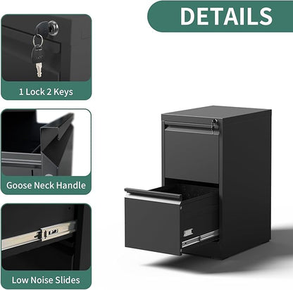2 Drawer File Cabinet with Lock, Steel Vertical Filing Cabinets for Home Office, Small Metal Storage Cabinet for Hanging Legal/Letter Size Files, Assembly Required (Black)