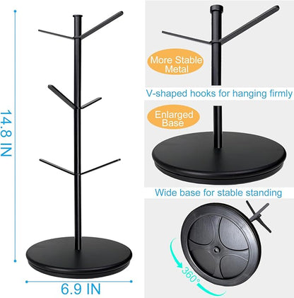 360° Rotating Mug Tree, 6 Hooks Upgraded Stable Metal Mug Holder, Bamboo Base Coffee Mug Cup Rack for Counter Top, Mug Display, Home Storage and Cup Organizer, Black