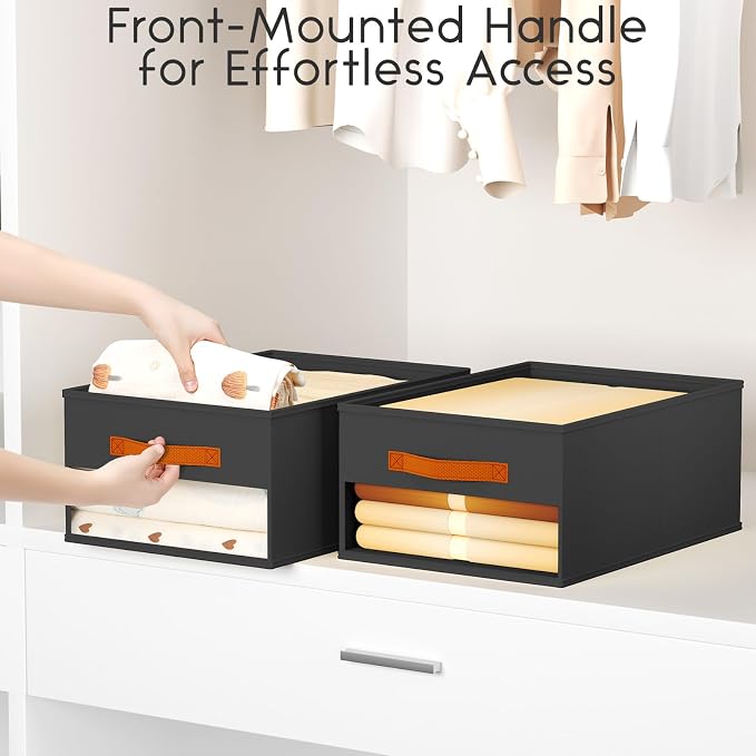 Homsorout Drawer Organizers and Storage - 12 Pack Foldable Pants Organizer with Clear Window & Handles, Fabric Closet Organizer for Clothes, Jeans, Sweaters, Towels, T-shirt, Scarf (Black)