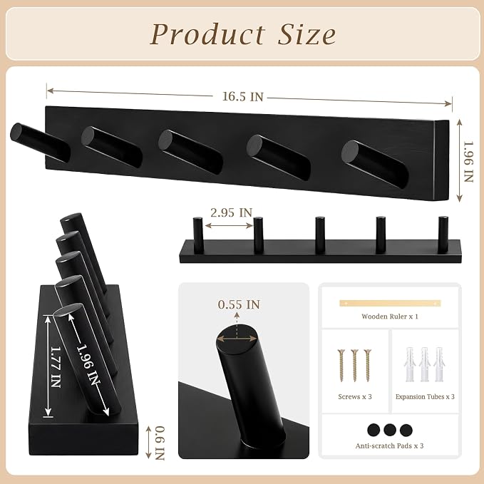 Coat Rack Wall Mount, Wooden Coat Hanger with 5 Hooks, Heavy Duty, Black, 1 Pcs